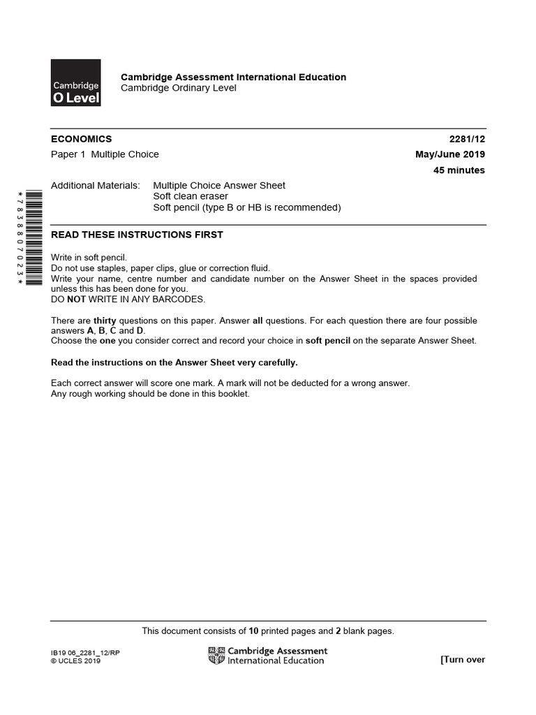 Cambridge O Level Economics MCQ Paper | PDF | Unemployment | Price ...