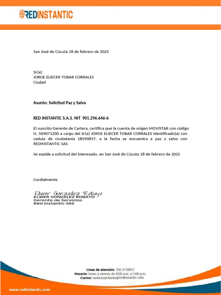 Paz y Salvo Red Suelva Instantic Sas | PDF