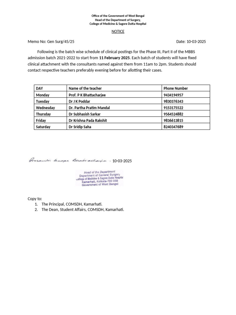 MBBS Clinical Posting Schedule 2025 | PDF