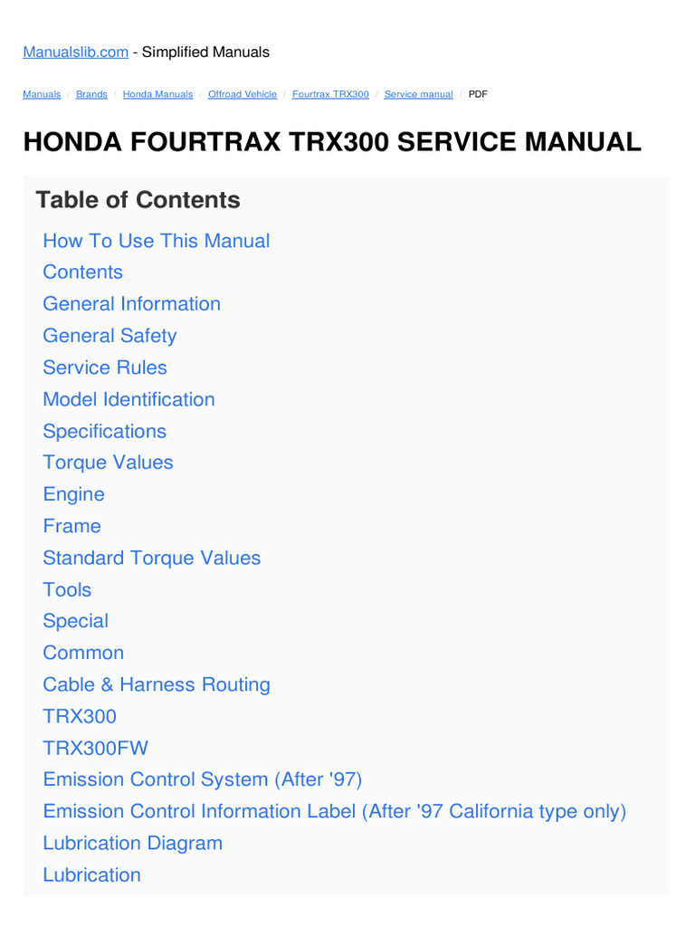 Honda Fourtrax TRX300 Service Manual | PDF | Axle | Clutch