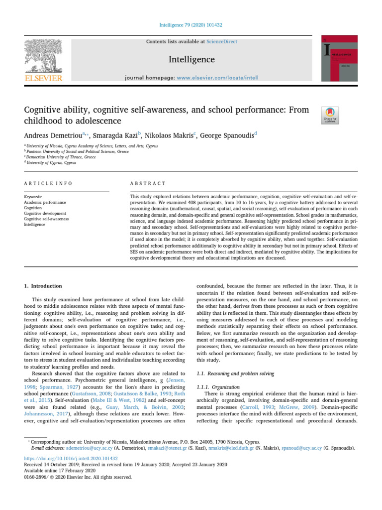 Cognitive Ability and School Performance | PDF | Thought ...