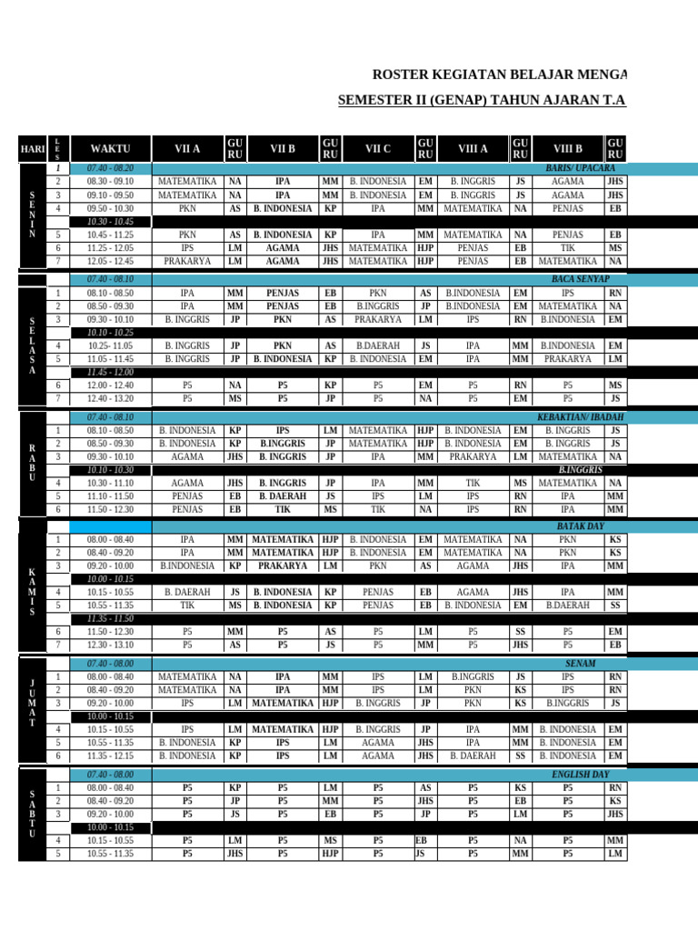 Roster Kegiatan Belajar Semester II 2024 | PDF