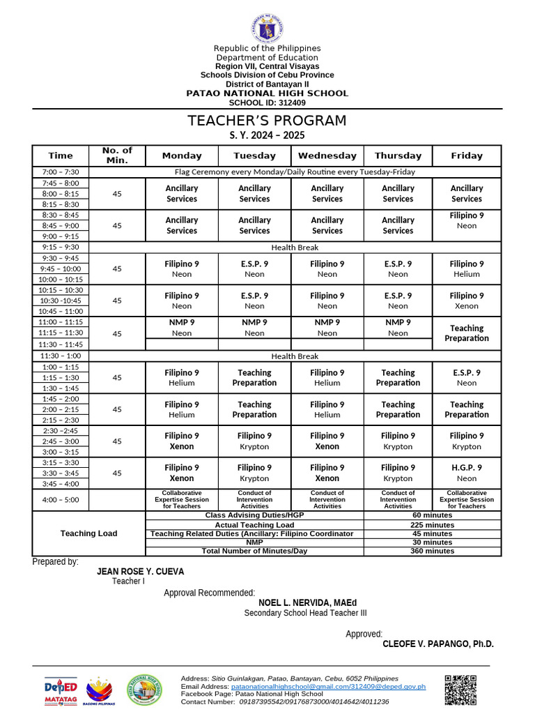 Patao National High School Grade 9 Program | PDF | Sets Of Chemical ...