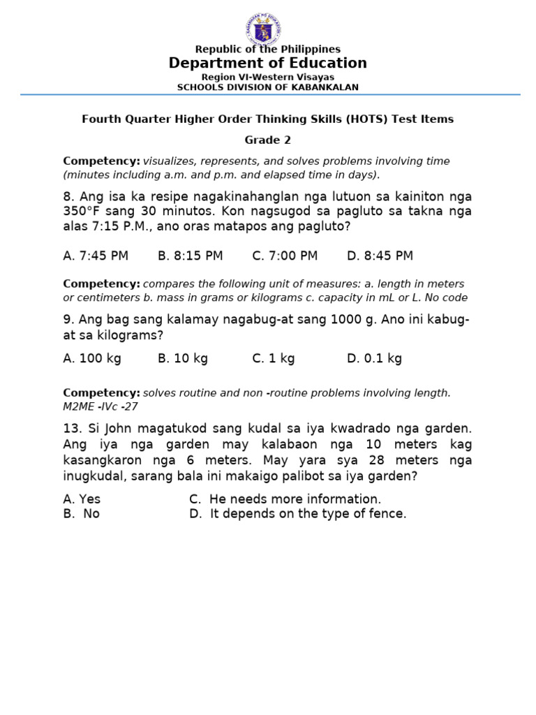 Grade 2-6 HOTS Test Items Philippines | PDF | Volume | Quantity