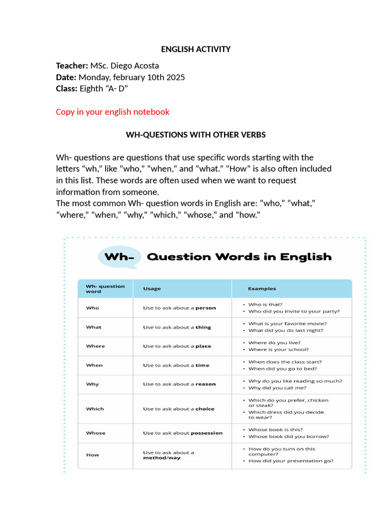 Wh- Questions English Activity | PDF