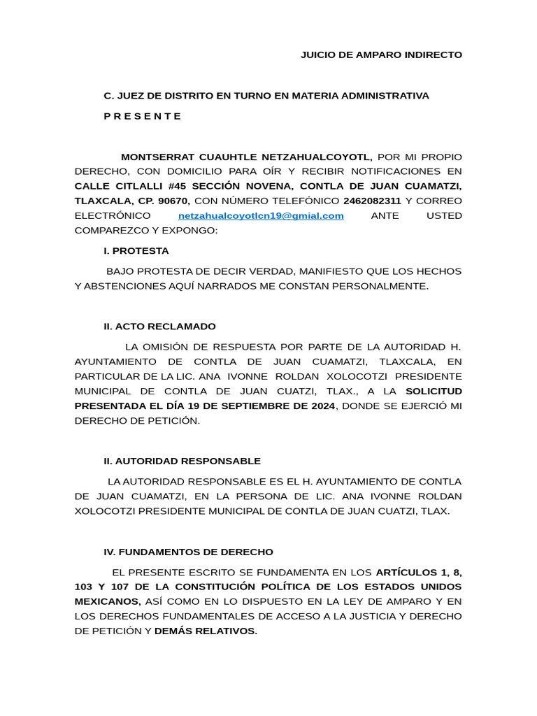 Juicio de Amparo Indirecto en Tlaxcala | PDF | Petición | Justicia