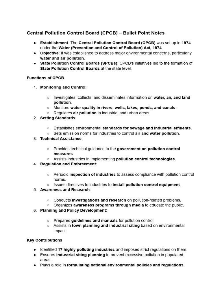 CPCB Functions and Significance Overview | PDF | Pollution | Policy
