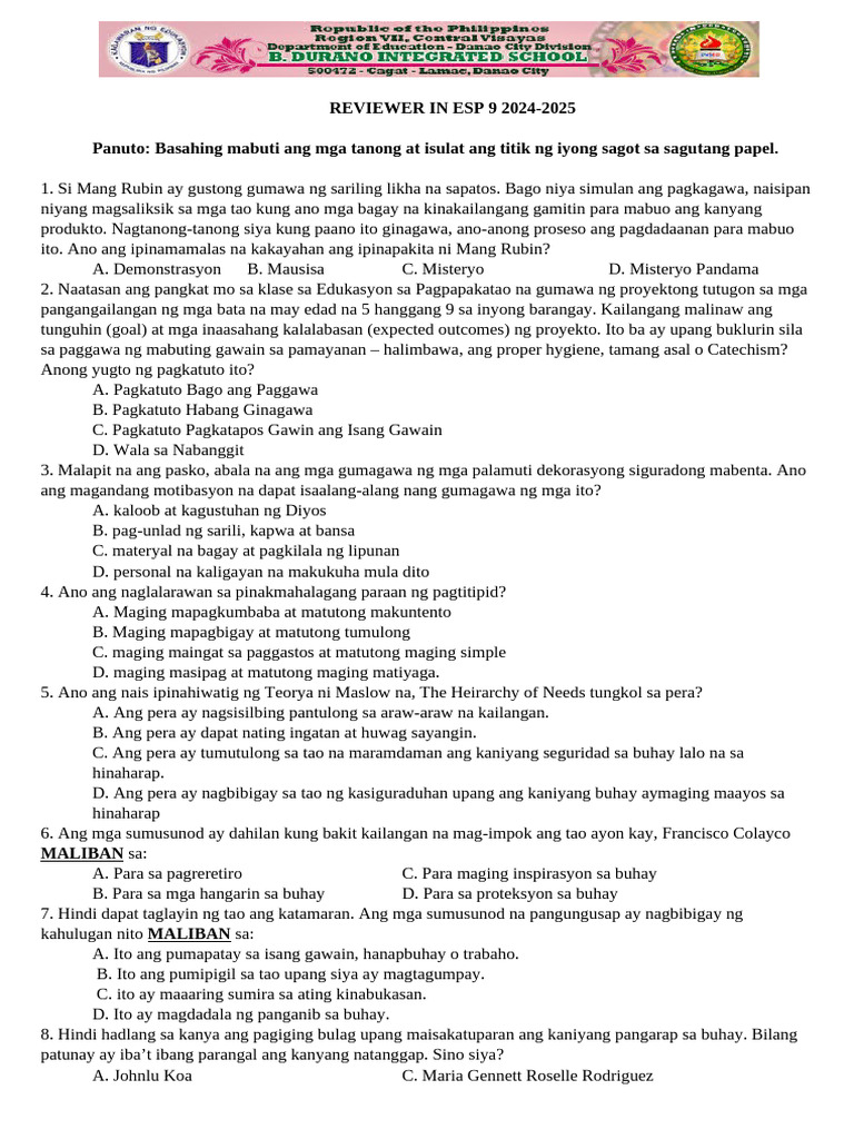 3rd Quarter Test REVIEWER in ESP 2024-2025 | PDF