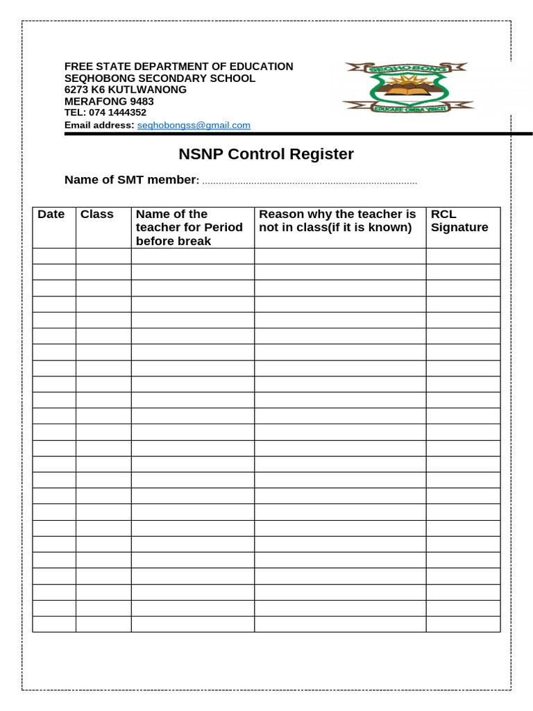 NSNP Control Register Template | PDF