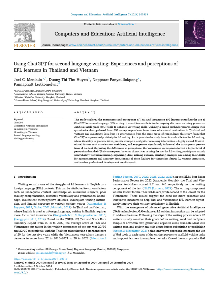 ChatGPT in EFL Writing: Thai & Vietnamese Insights | PDF | Second ...