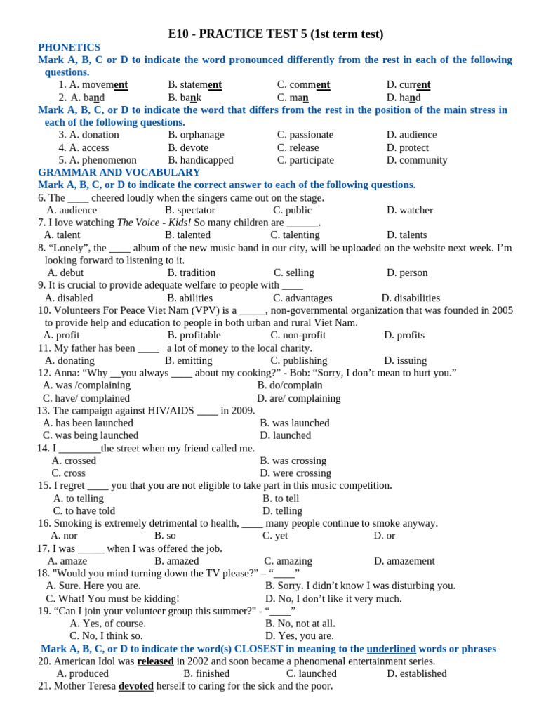 E10 Phonetics and Grammar Practice Test | PDF | Attention