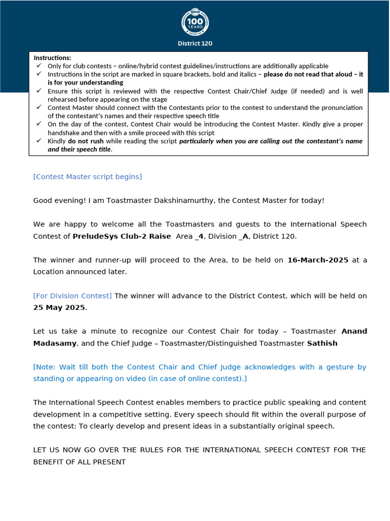 Toastmasters Contest Master Script | PDF