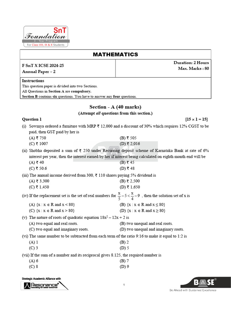 ICSE 2024-25 Mathematics Annual Paper | PDF | Sphere | Geometry