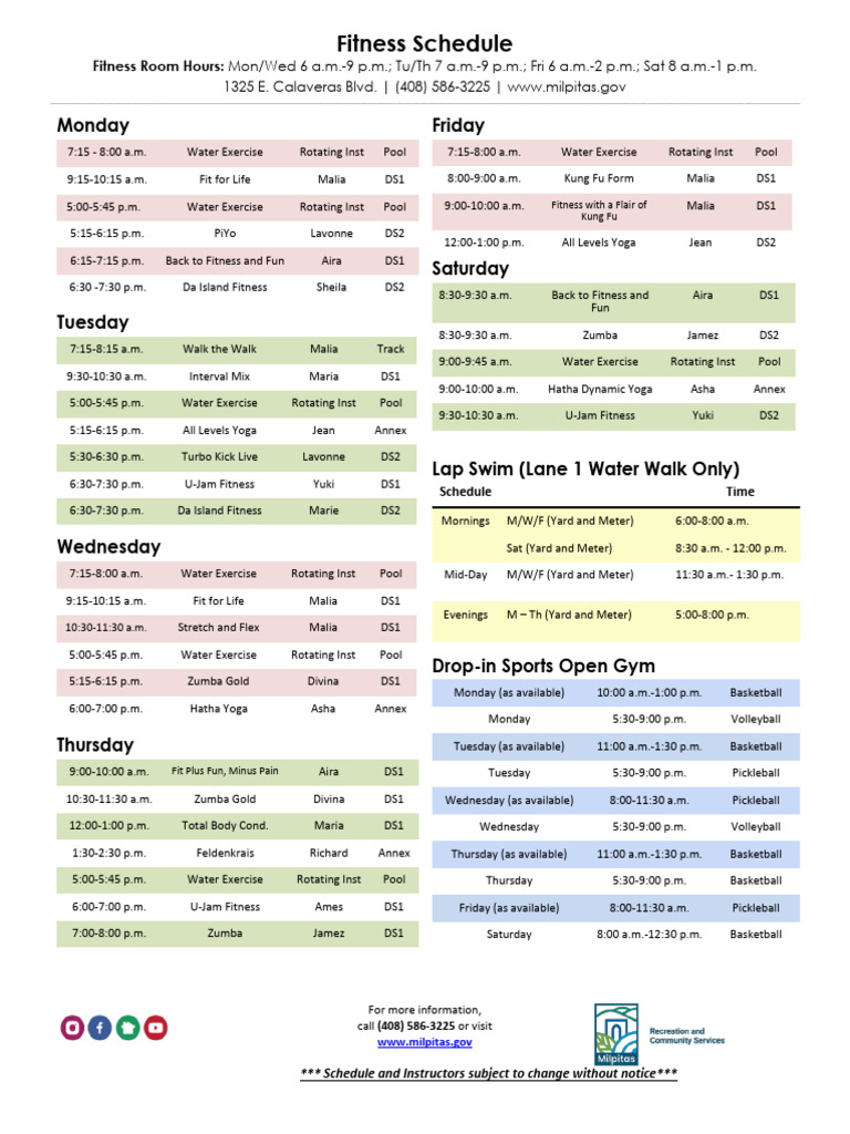 Milpitas Fitness Class Schedule | PDF | Physical Fitness | Strength ...