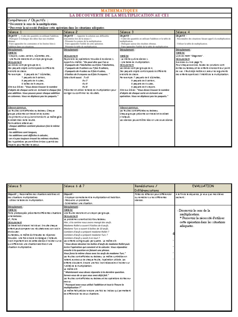 Exemple Fiche Sequence Maths Ce1 Pdf Multiplication Enseignement Des Mathematiques