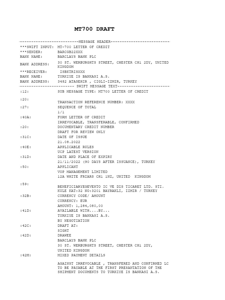 MT-700 Letter of Credit Overview | PDF | Letter Of Credit | Receipt