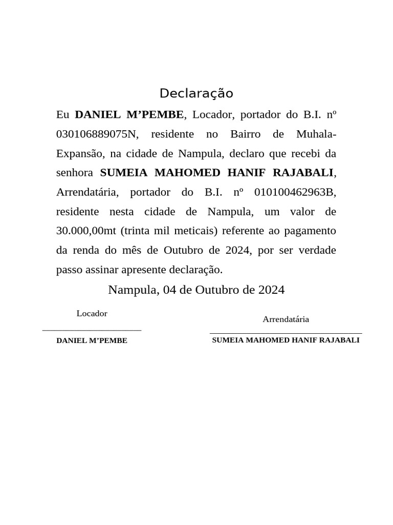 Declaração de Pagamento de Renda | PDF