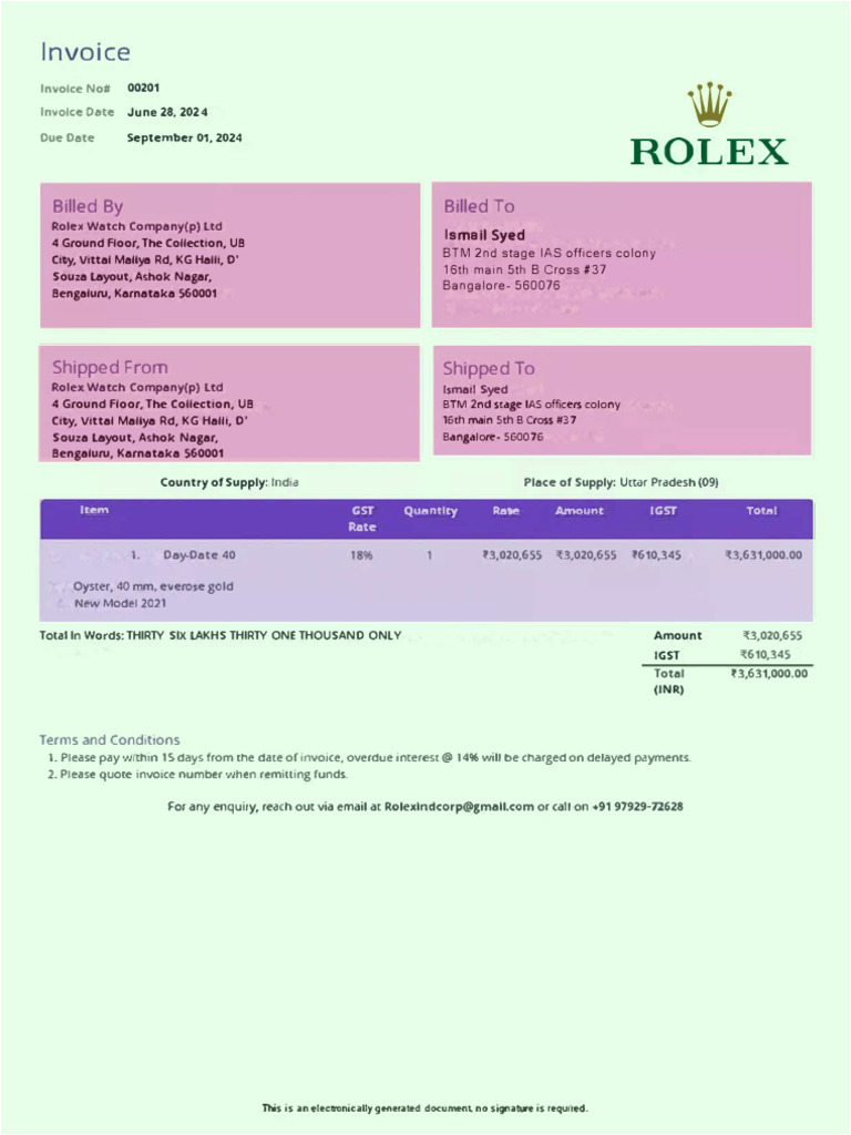 Rolex Invoice No# 00201 - 2024 | PDF