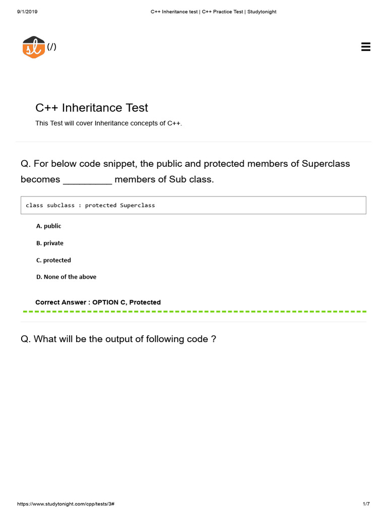 C++ Inheritance test _ C++ Practice Test _ Studytonight | PDF ...