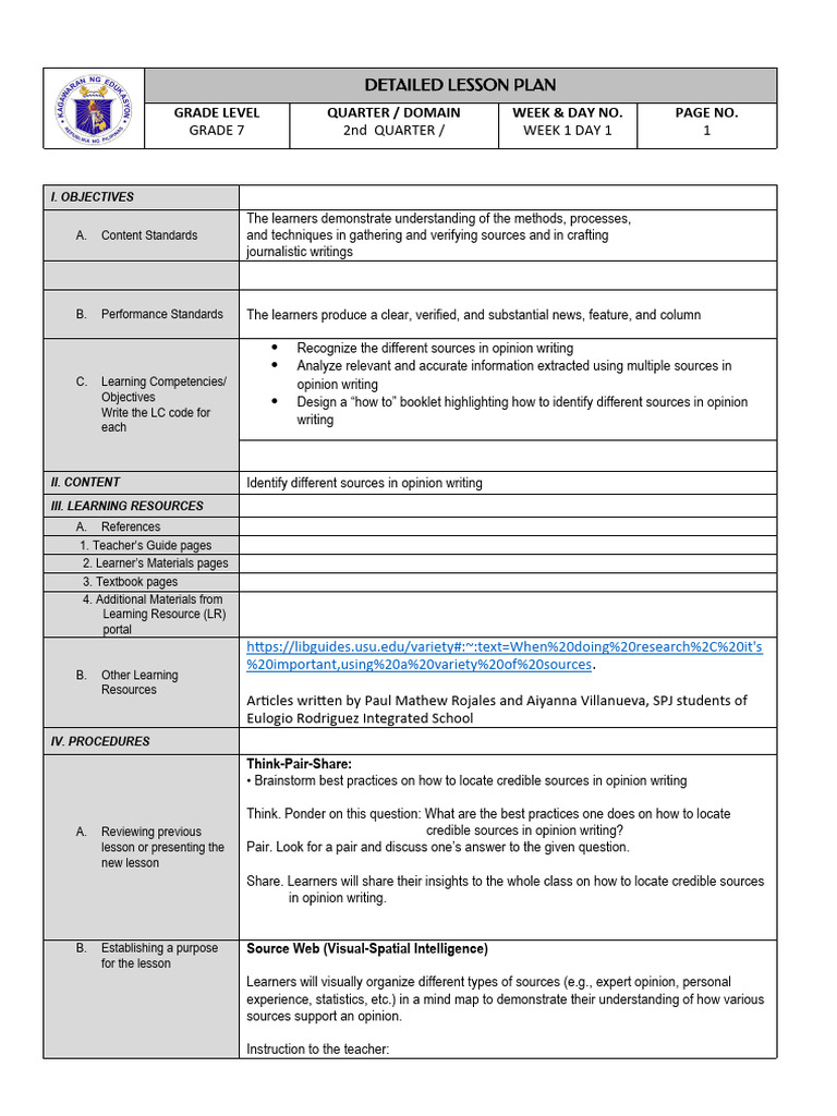 Grade 7 Opinion Writing Lesson Plan | PDF | Lesson Plan | Behavior ...