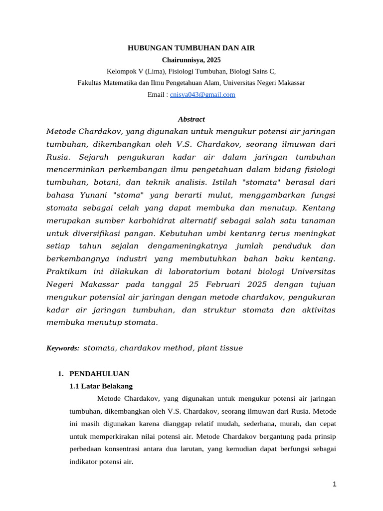 Pengukuran Potensi Air Tumbuhan dengan Chardakov | PDF