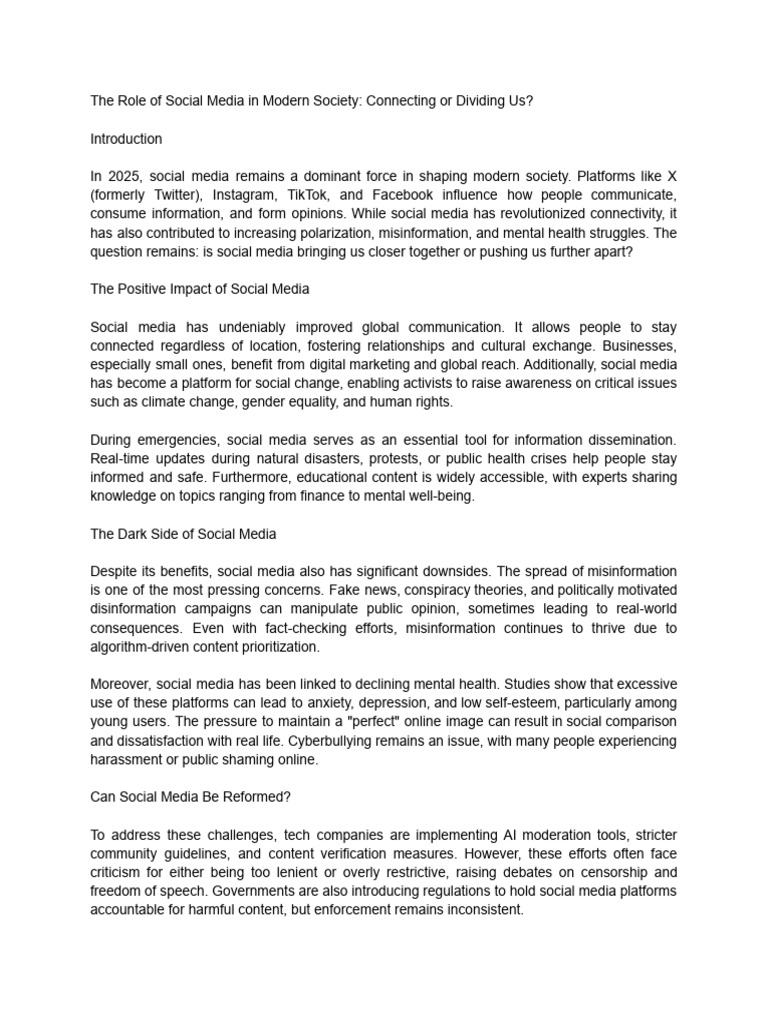 The Role of Social Media in Modern Society - Connecting or Dividing Us ...