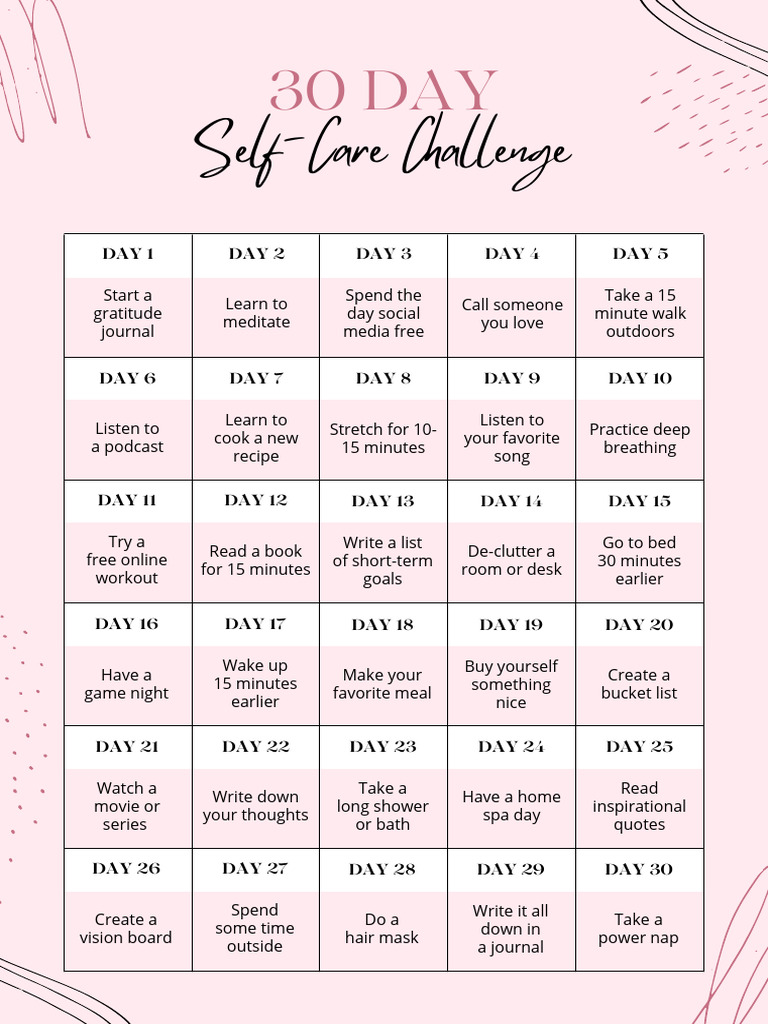 Pink Abstract 30 Days Self Care Challenges Planner | PDF