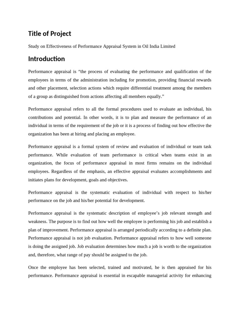 Synopsis-Study on Effectiveness of Performance Appraisal System in Oil ...