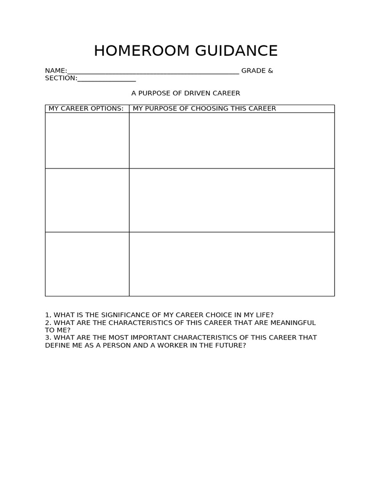 Career Purpose And Guidance Worksheet Pdf