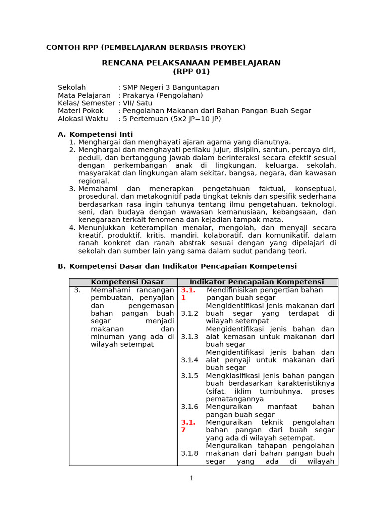 01-CONTOH RPP Pembelajaran Berbasis Proyek - Prakarya | PDF