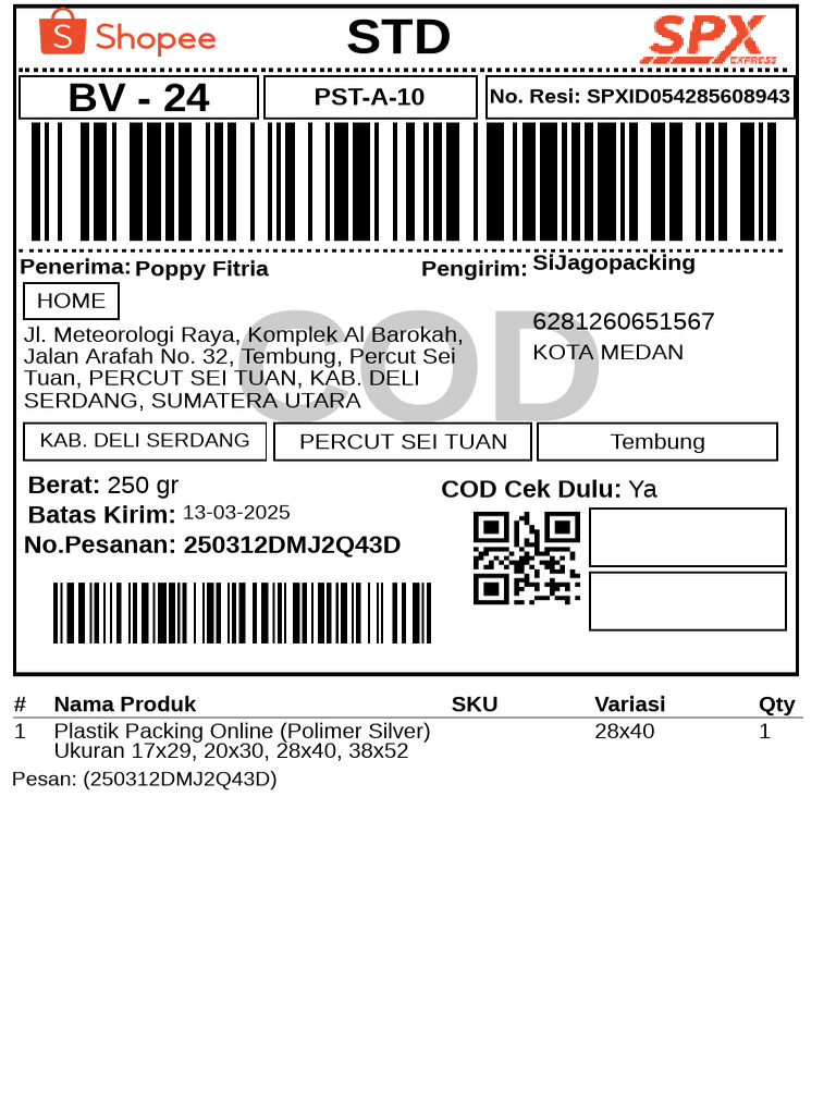 Resi Pengiriman COD Plastik Packing Medan | PDF