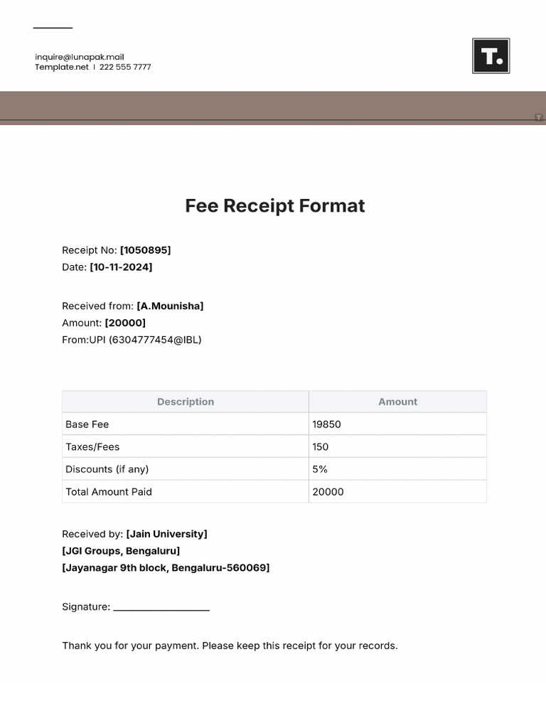 Free Fee Receipt Format Template | PDF