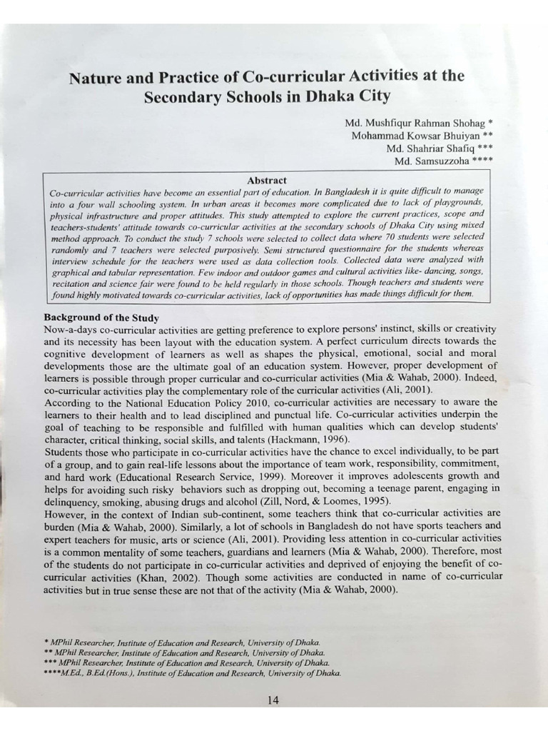 Nature and Practice of Co-Curricular Activities in Dhaka City | PDF