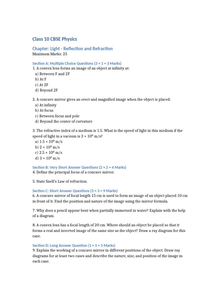 Class 10 Physics: Light Questions | PDF