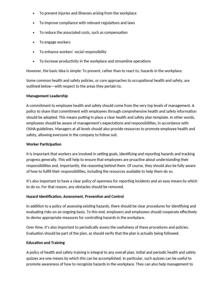 Workplace Health and Safety Policies | PDF | Occupational Safety And ...