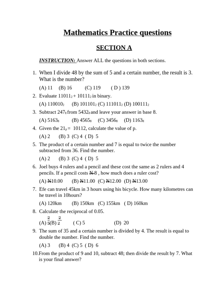 SS1 Mathematics Practice Questions | PDF | Numbers | Arithmetic