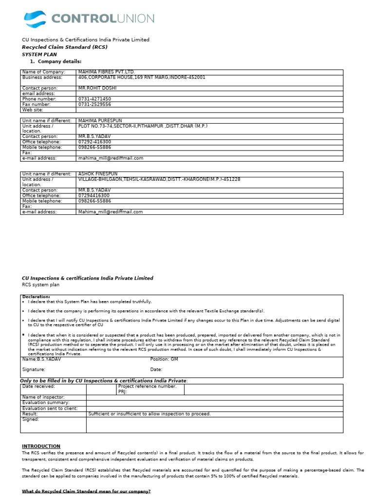 Mahima Fibres RCS System Plan | PDF | Verification And Validation ...