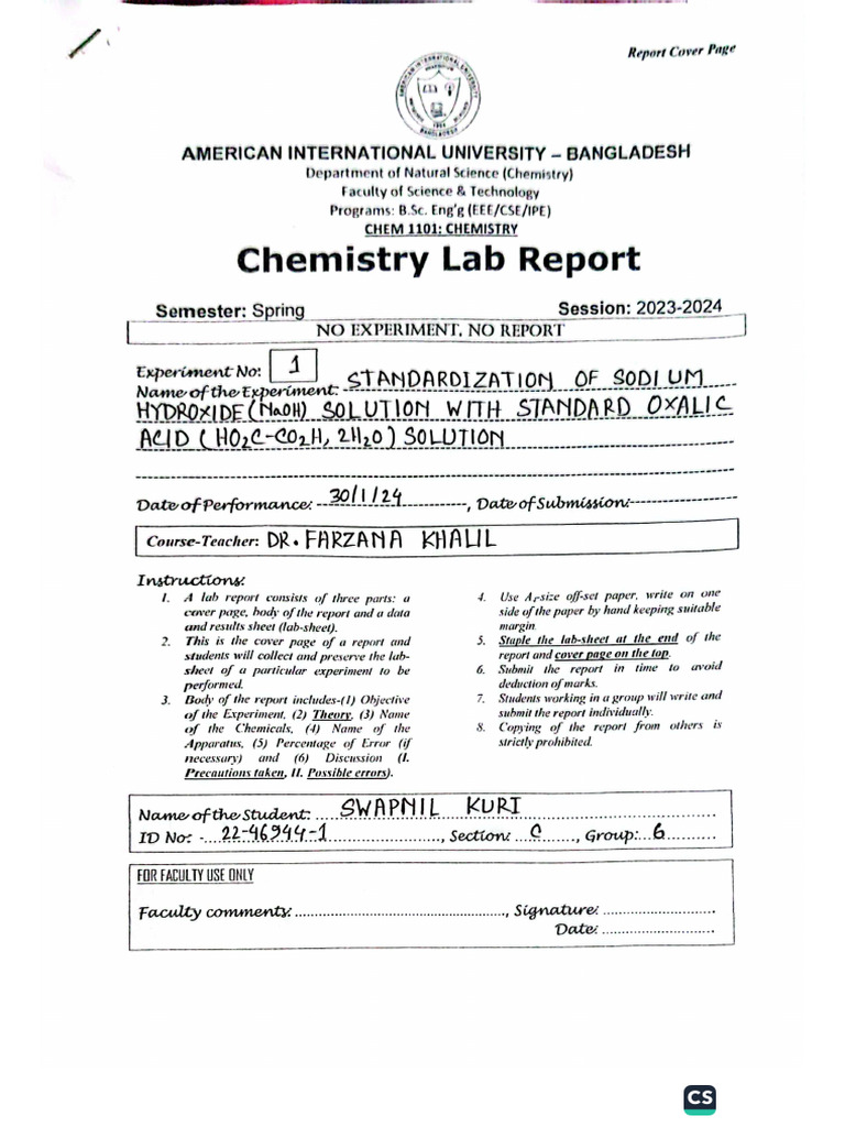 Chemistry Lab Report 1 | PDF