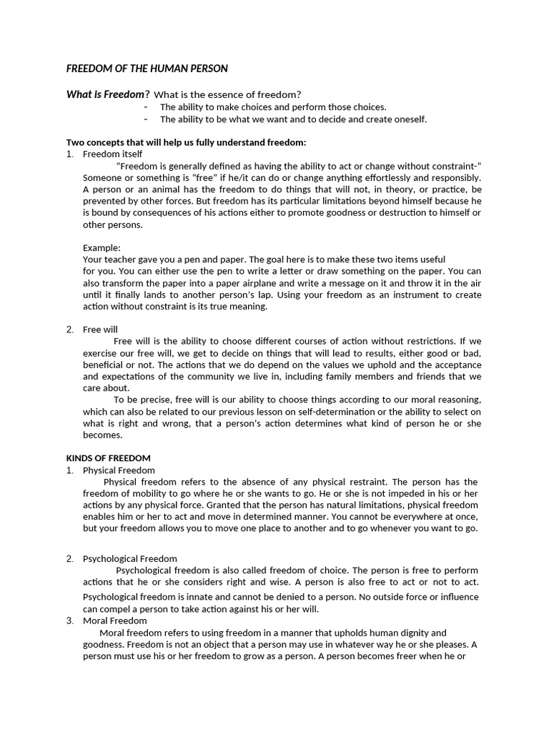 Freedom of The Human Person | PDF | Free Will | Reason
