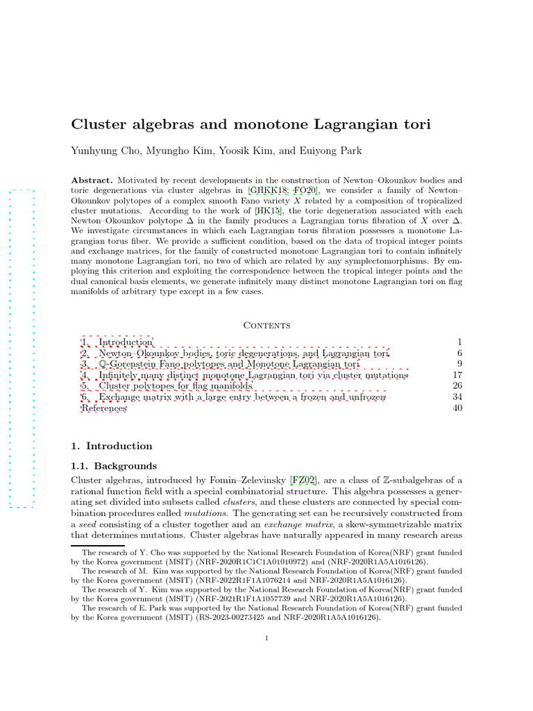 Cluster Algebras and Monotone Lagrangian Tori: Yunhyung Cho, Myungho ...