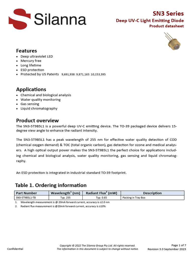 SN3-5T9B5L1-TB 255nm TO39 | PDF | Ultraviolet | Light Emitting Diode