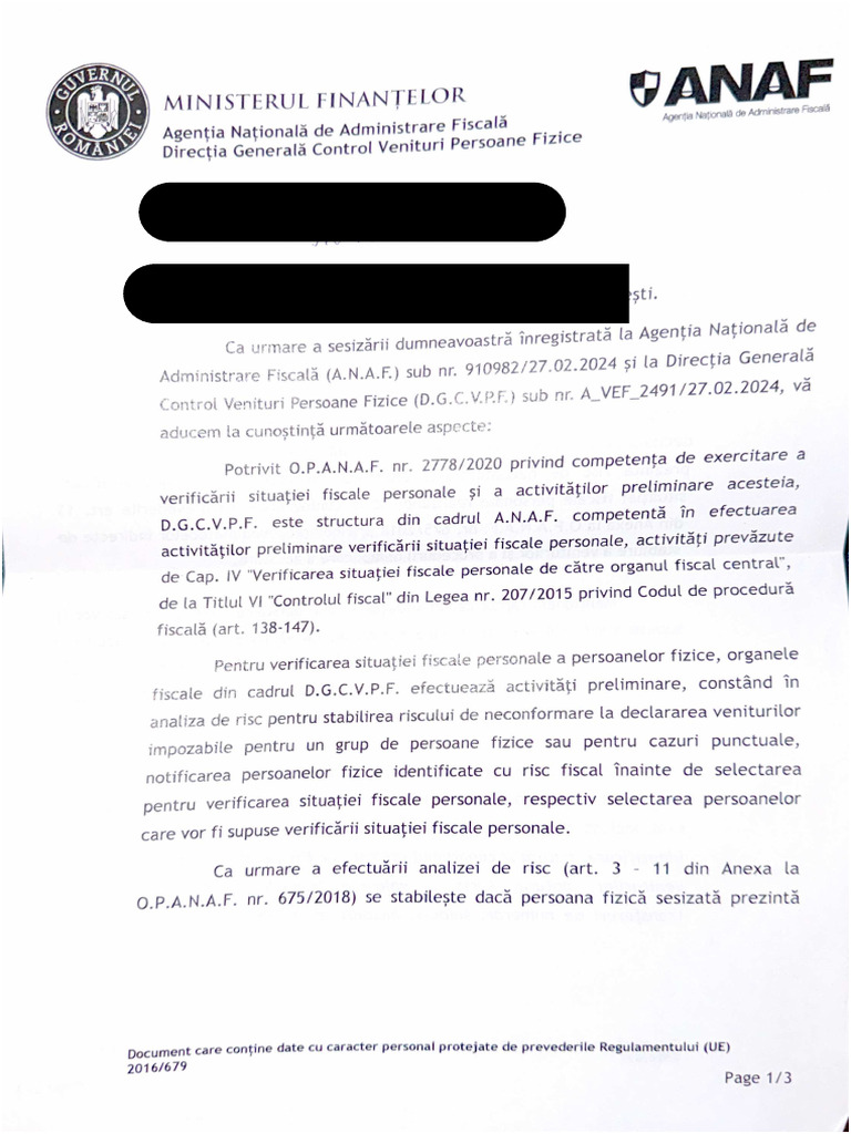 ANAF Control Venituri Persoane Fizice Raspuns Piedone 2024 | PDF