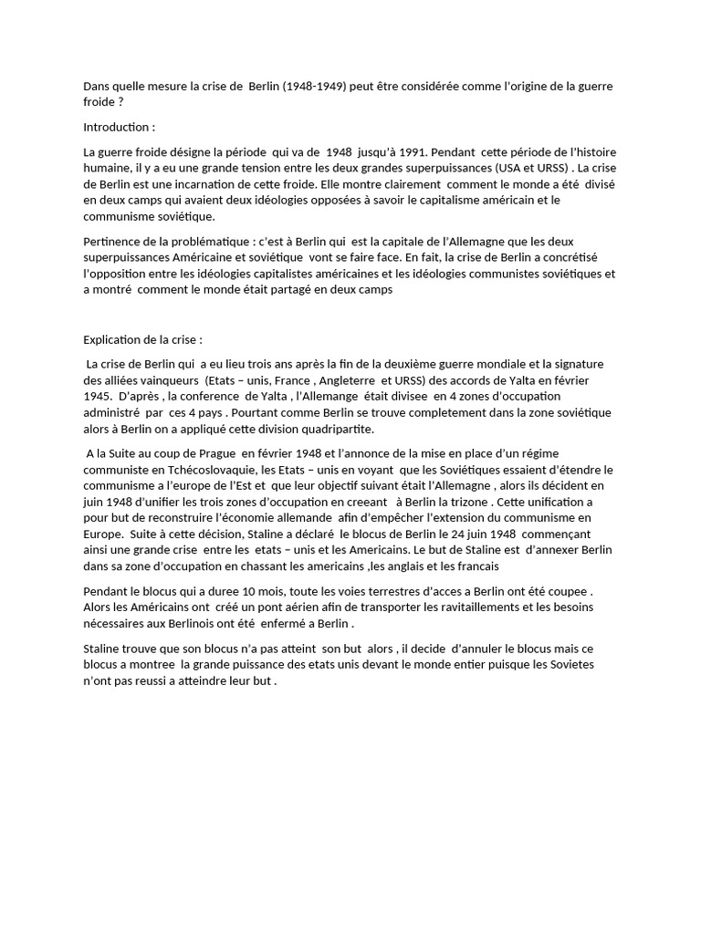 Crise de Berlin : Origine de la guerre froide | PDF | Communisme ...