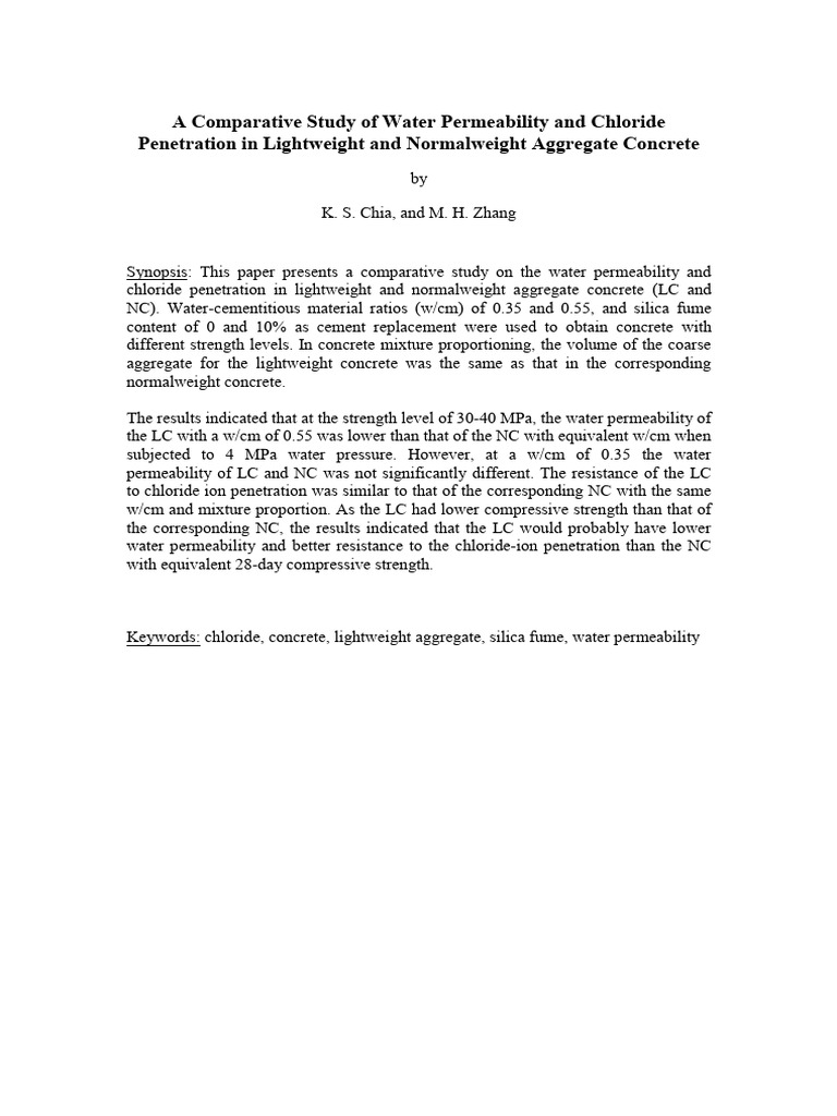 A Comparative Study of Water Permeability and Chloride Penetration in ...
