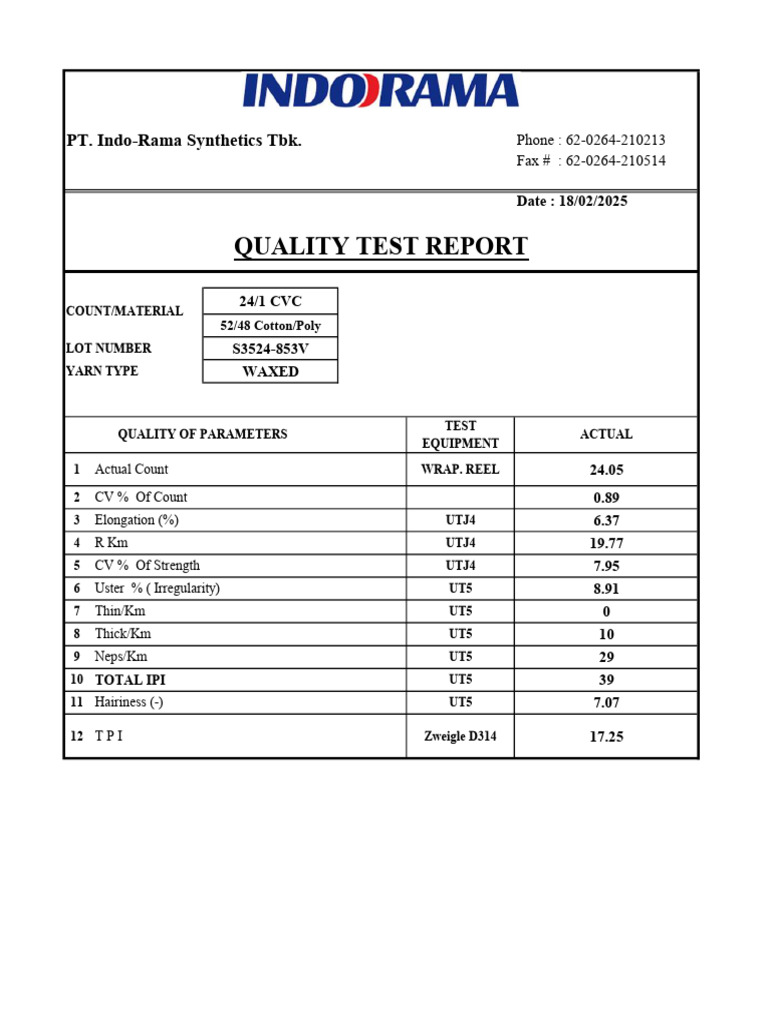 TEST REPORT - SAPTA PELITA - 24s CVC | PDF