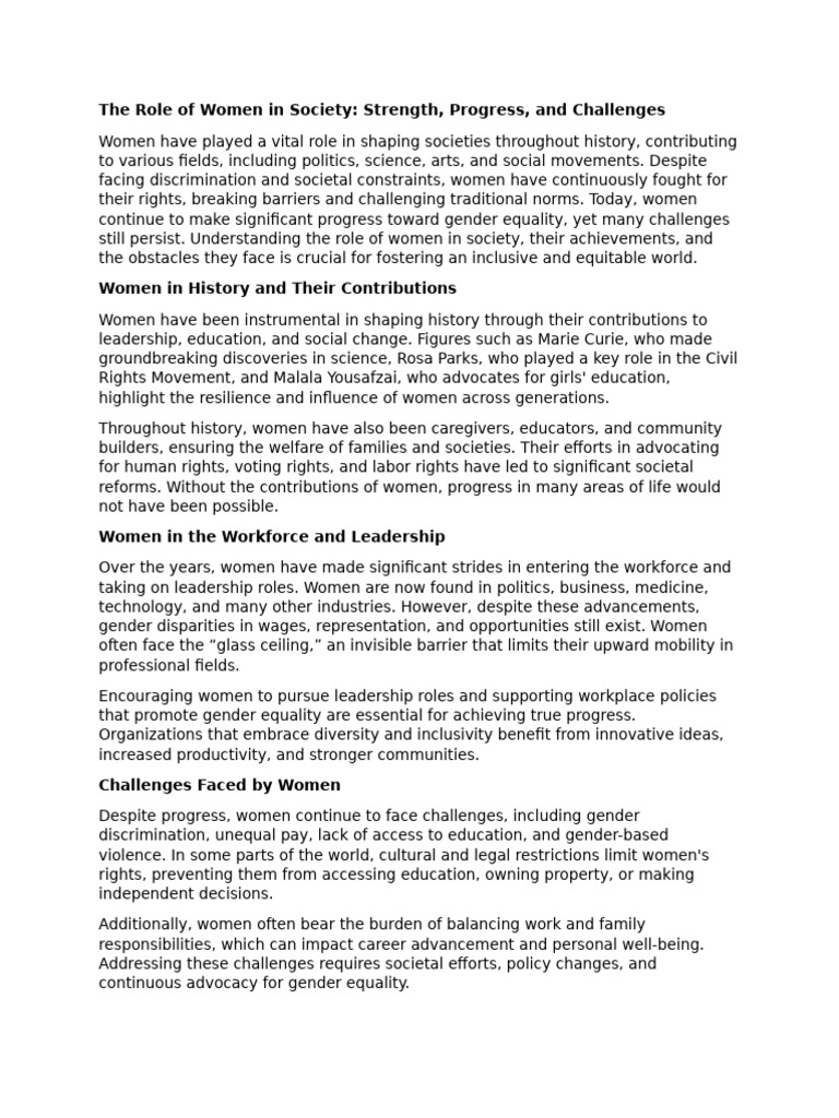The Role of Women in Society Strength, Progress, and Challenges | PDF ...