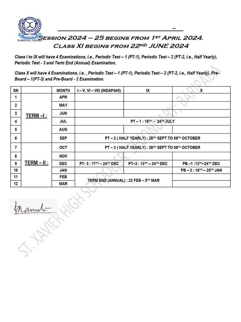 St. Xavier High School Exam Calendar 2024-25 | PDF