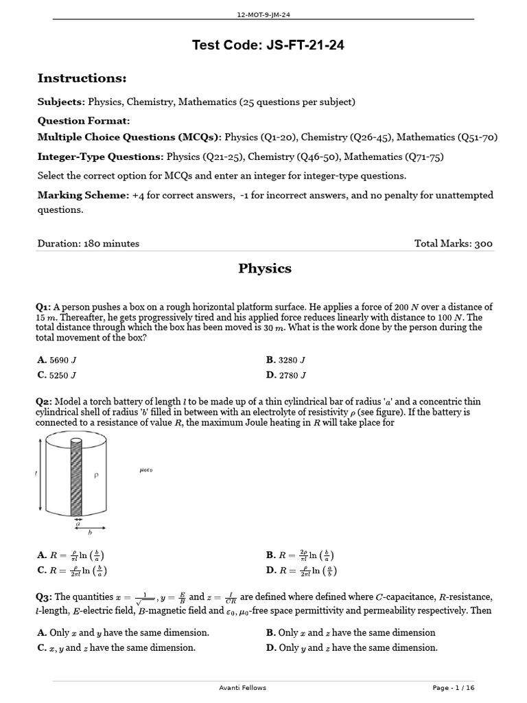 Avanti Fellows Mock Test Paper | PDF | Wavelength | Multiple Choice