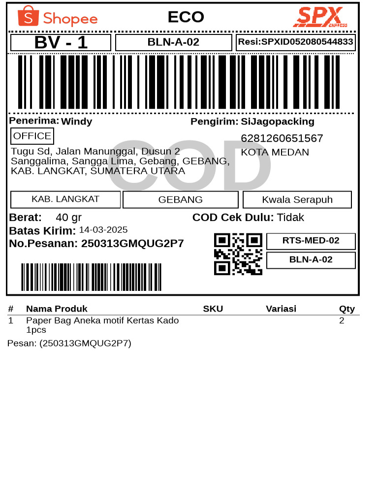 Resi Pengiriman COD Medan 250313GMQUG2P7 | PDF