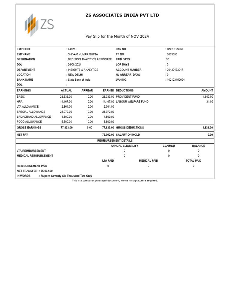 ZS Associates Salary Slip - Nov 2024 | PDF | Government Finances | Taxes